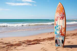 ai generiert Surfbrett im das Sand auf das Strand in der Nähe von das Meer Welle. generiert durch künstlich Intelligenz foto