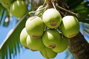 ai generiert jung Grün Kokosnuss Früchte auf Baum mit Wasser tropfen. generiert durch künstlich Intelligenz foto