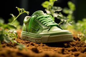 ai generiert ein Grün Schuh Lügen unter auf Grün jung Sprossen, verschwommen Hintergrund. Umgebung Erhaltung Konzept. generiert durch künstlich Intelligenz foto