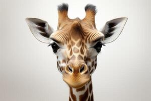 ai generiert Porträt von ein Erwachsene Giraffe auf ein Weiß Hintergrund. generiert durch künstlich Intelligenz foto