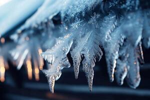 ai generiert Naturen Winter Schönheit aufgedeckt im das kompliziert Muster von Eis Kristalle foto