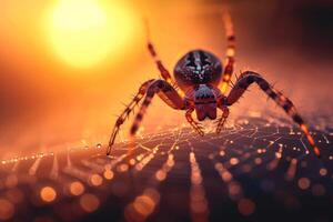 ai generiert Spinne kriecht auf ein feucht Netz, silhouettiert gegen ein Sonnenuntergang foto