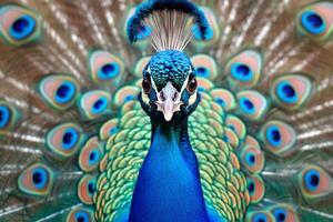 ai generiert majestätisch Blau Pfau Vitrinen es ist beschwingt Gefieder im ein Regal Pose foto