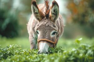 ai generiert Esel genießt ein gemächlich Mahlzeit, Weiden lassen auf frisch Grün Gras foto