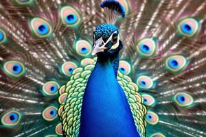 ai generiert elegant Blau männlich Pfau Anzeigen es ist großartig Gefieder mit Stolz foto