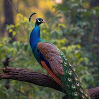 ai generiert Naturen Schönheit ein Pfau Anzeigen es ist Größe auf ein Baum zum Sozial Medien Post Größe foto