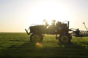 Traktor auf das Sonnenuntergang Hintergrund. Traktor mit hoch Räder ist Herstellung Dünger auf jung Weizen. das verwenden von fein dispergiert sprühen Chemikalien foto