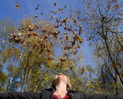 ein Frau wirft oben das Herbst Gelb Blätter. Herbst im das Park foto