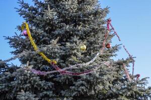 Dekorationen Neu Jahr Baum. Lametta und Spielzeuge, Bälle und andere Dekorationen auf das Weihnachten Weihnachten Baum Stehen im das öffnen Luft. foto