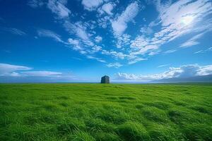 ai generiert Blau Himmel ergänzt ein riesig Grün Gras Feld im Harmonie foto