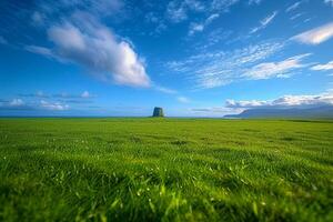 ai generiert expansiv Grün Gras Feld unter ein heiter Blau Himmel Hintergrund foto