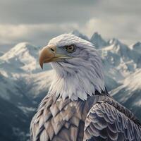 ai generiert ein kahl Adler im Vorderseite von schneebedeckt Berge. foto