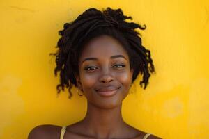 ai generiert ein schwarz Frau ist Herstellung ein Gesicht auf ein Gelb Hintergrund. foto