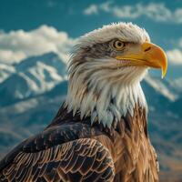 ai generiert ein kahl Adler im Vorderseite von schneebedeckt Berge. foto