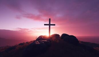 ai generiert ein Kreuz ist auf oben von ein Berg beim Sonnenuntergang. foto