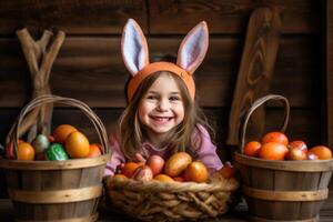 ai generiert ein Mädchen halten ein Korb von Eier und Hase Ohren mit Holz Hintergrund. foto