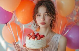 ai generiert ein Mädchen ist halten ein Geburtstag Kuchen und Luftballons, im das Stil von lila und orange. foto