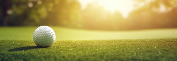 ai generiert ein Golf Ball auf Gras auf ein sonnig Tag, im das Stil von Sonnenstrahlen scheinen auf Es. foto