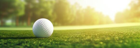 ai generiert ein Golf Ball auf Gras auf ein sonnig Tag, im das Stil von Sonnenstrahlen scheinen auf Es. foto