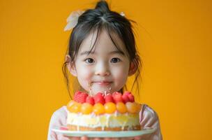 ai generiert ein wenig Mädchen halten oben ein Geburtstag Kuchen auf ein Gelb Hintergrund. foto