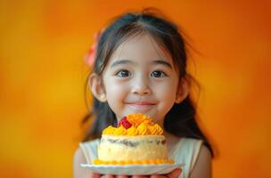 ai generiert ein wenig Mädchen halten oben ein Geburtstag Kuchen auf ein Gelb Hintergrund. foto