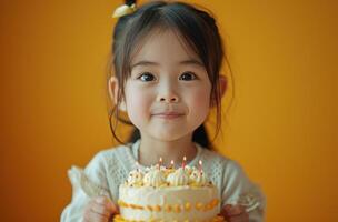 ai generiert ein wenig Mädchen halten oben ein Geburtstag Kuchen auf ein Gelb Hintergrund. foto