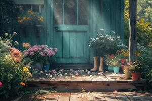 ai generiert ein hölzern Veranda mit bunt Blumen und Gartenarbeit Stiefel. foto