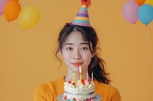 ai generiert ein jung asiatisch Frau tragen ein Geburtstag Hut ist halten ein Geburtstag Kuchen. foto