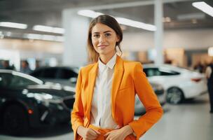 ai generiert ein jung Frau im ein Orange passen und Krawatte ist Stehen im ein Auto Ausstellungsraum. foto