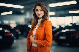 ai generiert ein jung Frauen im ein Auto Händler Center tragen ein passen und Kittel. foto