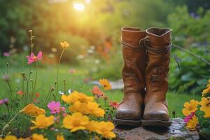 ai generiert Gärtner Stiefel im blühen im ein Garten. foto