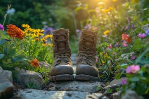 ai generiert Gärtner Stiefel im blühen im ein Garten. foto