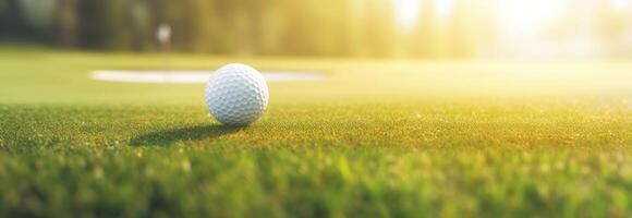 ai generiert Golf Ball auf Gras mit Sonnenlicht foto