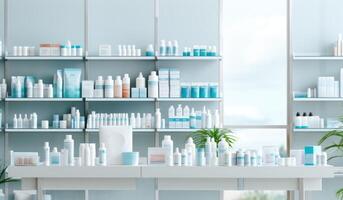 ai generiert pharmazeutisch Geschäft mit Weiß Regale und kosmetisch Produkte. foto