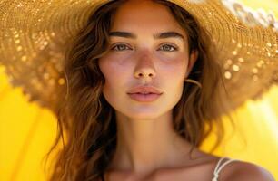 ai generiert Porträt von ein Frau tragen ein Stroh Hut im Sommer. foto