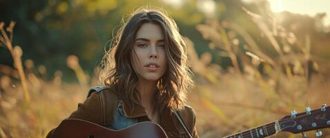 ai generiert Mädchen Singen und spielen Gitarre. foto