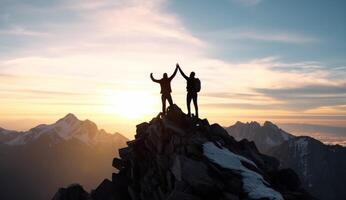 ai generiert zwei Männer Stehen beim oben von ein Berg. foto