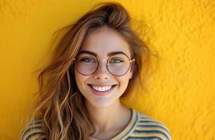 ai generiert Frau zeigen Lächeln lächelnd mit Brille auf Gelb Hintergrund. foto