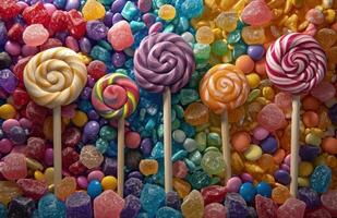 ai generiert ein Bild von Lutscher, Lutscher, Süßigkeiten, und andere Süßigkeiten foto