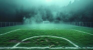 ai generiert Fußball Feld mit ein Grün Tonhöhe, im das Stil von rauchig Hintergrund foto