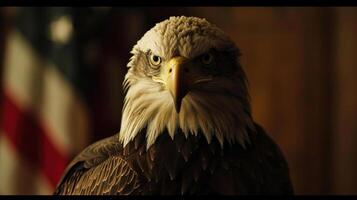 ai generiert ein Adler ist Stehen in der Nähe von ein amerikanisch Flagge foto