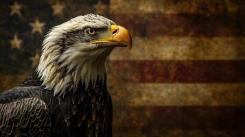 ai generiert ein Adler ist Stehen in der Nähe von ein amerikanisch Flagge foto