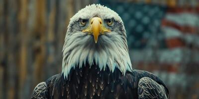 ai generiert ein Adler ist Stehen in der Nähe von ein amerikanisch Flagge foto