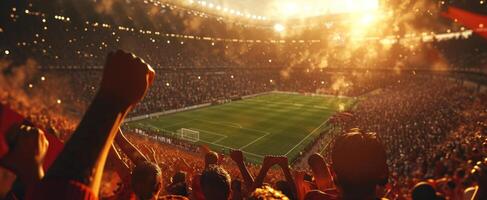 ai generiert ein Fußball Fans halten Fäuste beim ein Stadion foto