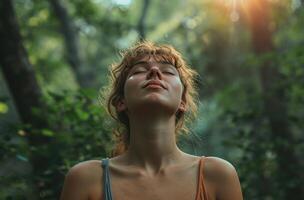 ai generiert ein Bild von ein Frau Sein im ein Wald Atmung tief foto