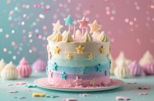 ai generiert Blau, Rosa, und Gelb Regenbogen Geburtstag Kuchen auf ein Tabelle mit Sterne Über es foto