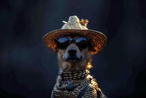 ai generiert ein Hund tragen ein Party Hut mit Sonnenbrille ist posieren foto