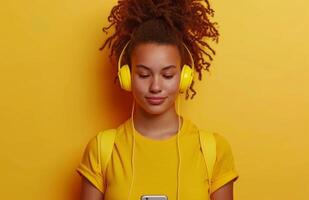 ai generiert ein jung Frau im ein Gelb Hemd Hören zu Musik- auf ihr Telefon auf oben von ein Gelb Hintergrund foto