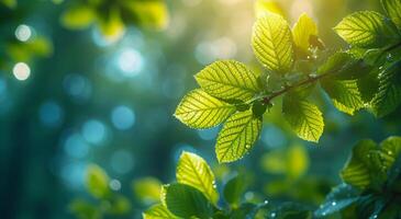 ai generiert Grün Blatt Sporen Bokeh Licht foto