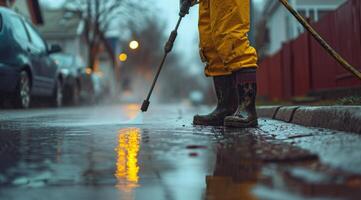 ai generiert Mann Leistung Waschen seine Straße im nass Wetter mit Regen foto